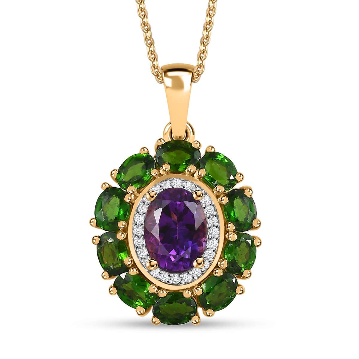 Moroccan Amethyst and Multi Gemstone Floral Pendant Necklace 20 Inches in Vermeil Yellow Gold Over Sterling Silver 2.90 ctw image number 0