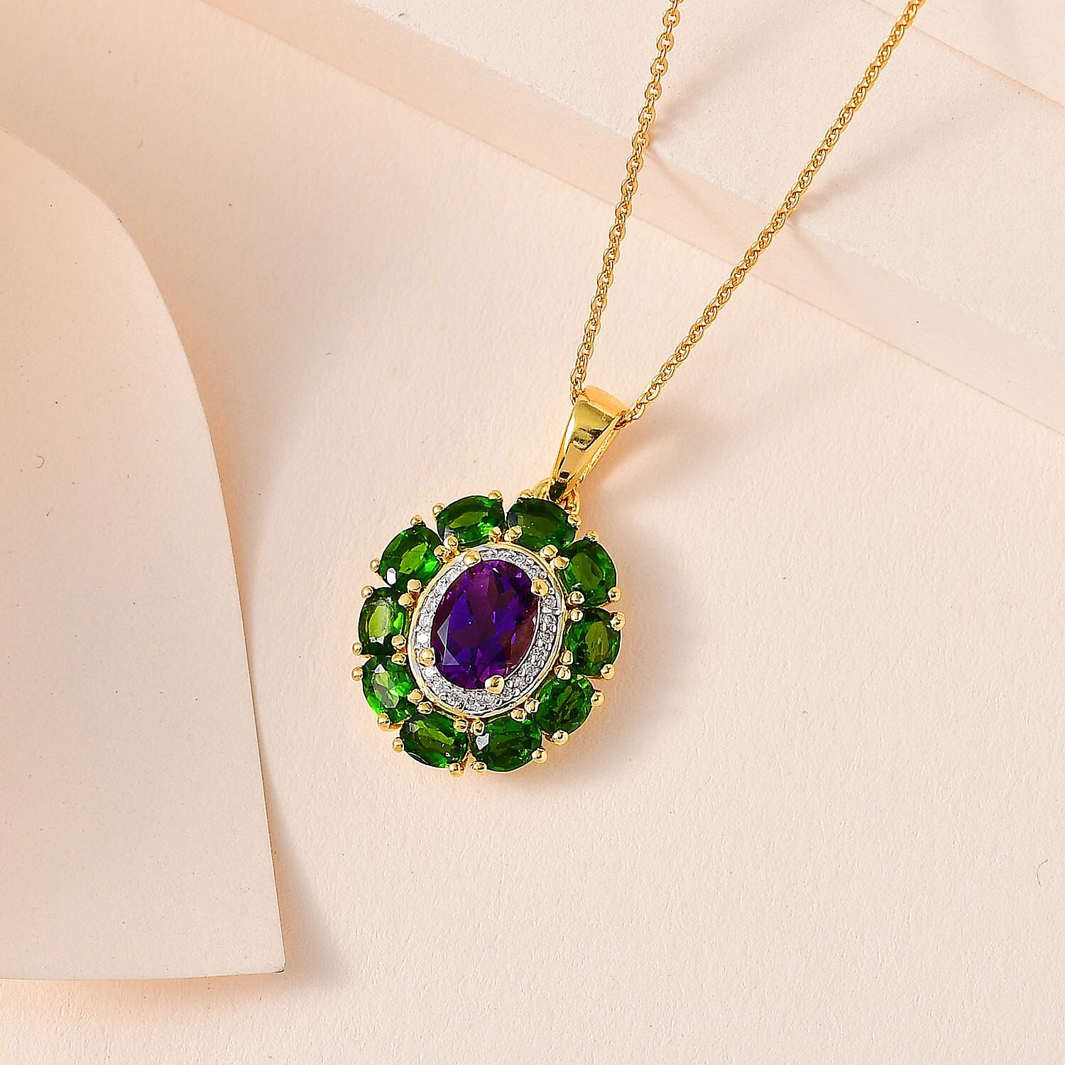 Moroccan Amethyst and Multi Gemstone 2.90 ctw Floral Pendant Necklace in Vermeil Yellow Gold Over Sterling Silver 20 Inches