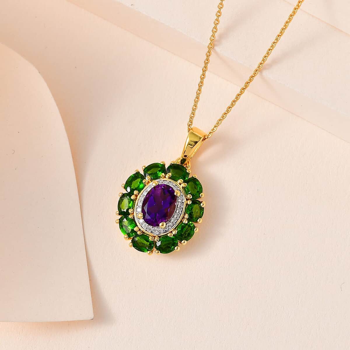 Moroccan Amethyst and Multi Gemstone Floral Pendant Necklace 20 Inches in Vermeil Yellow Gold Over Sterling Silver 2.90 ctw image number 1