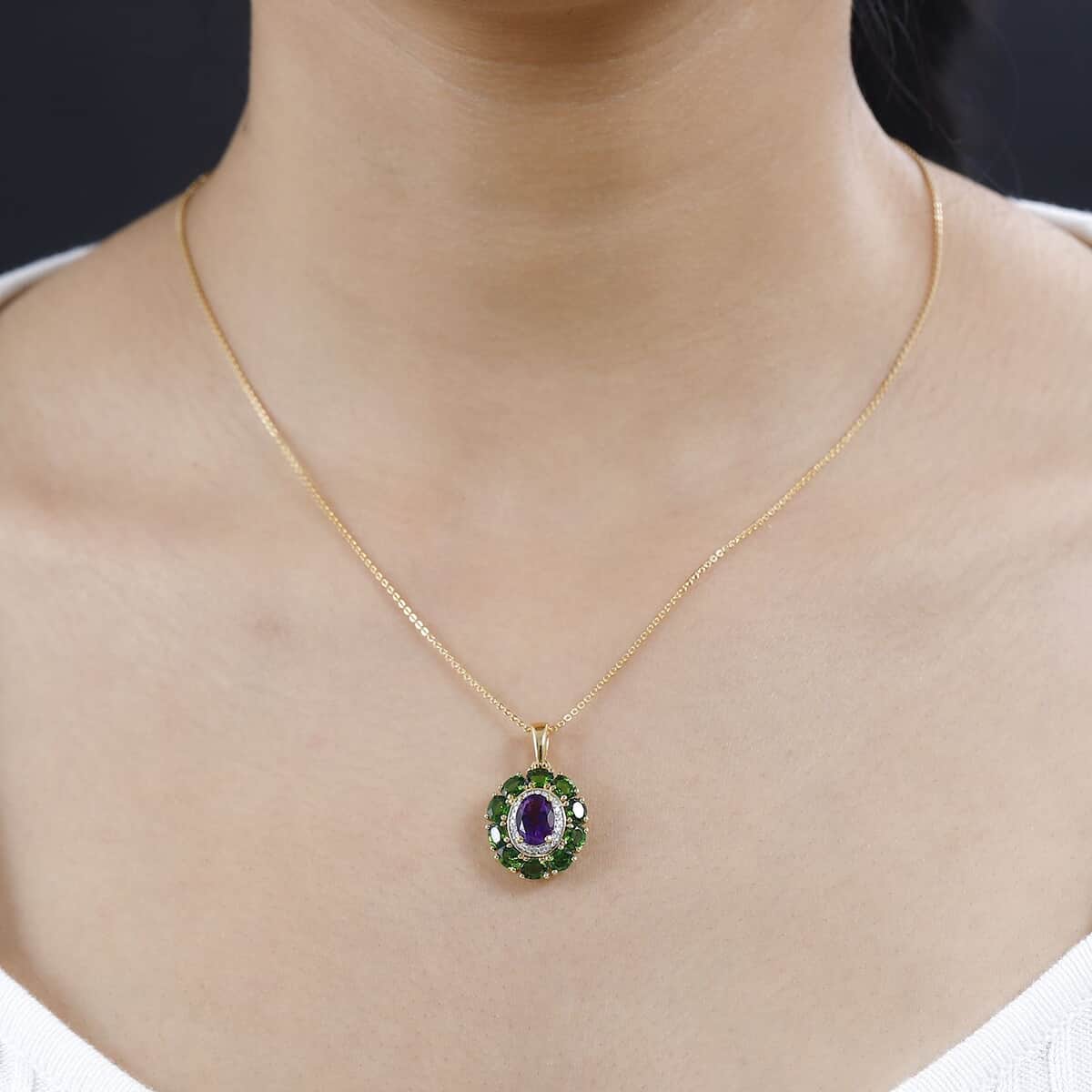 Moroccan Amethyst and Multi Gemstone Floral Pendant Necklace 20 Inches in Vermeil Yellow Gold Over Sterling Silver 2.90 ctw image number 2