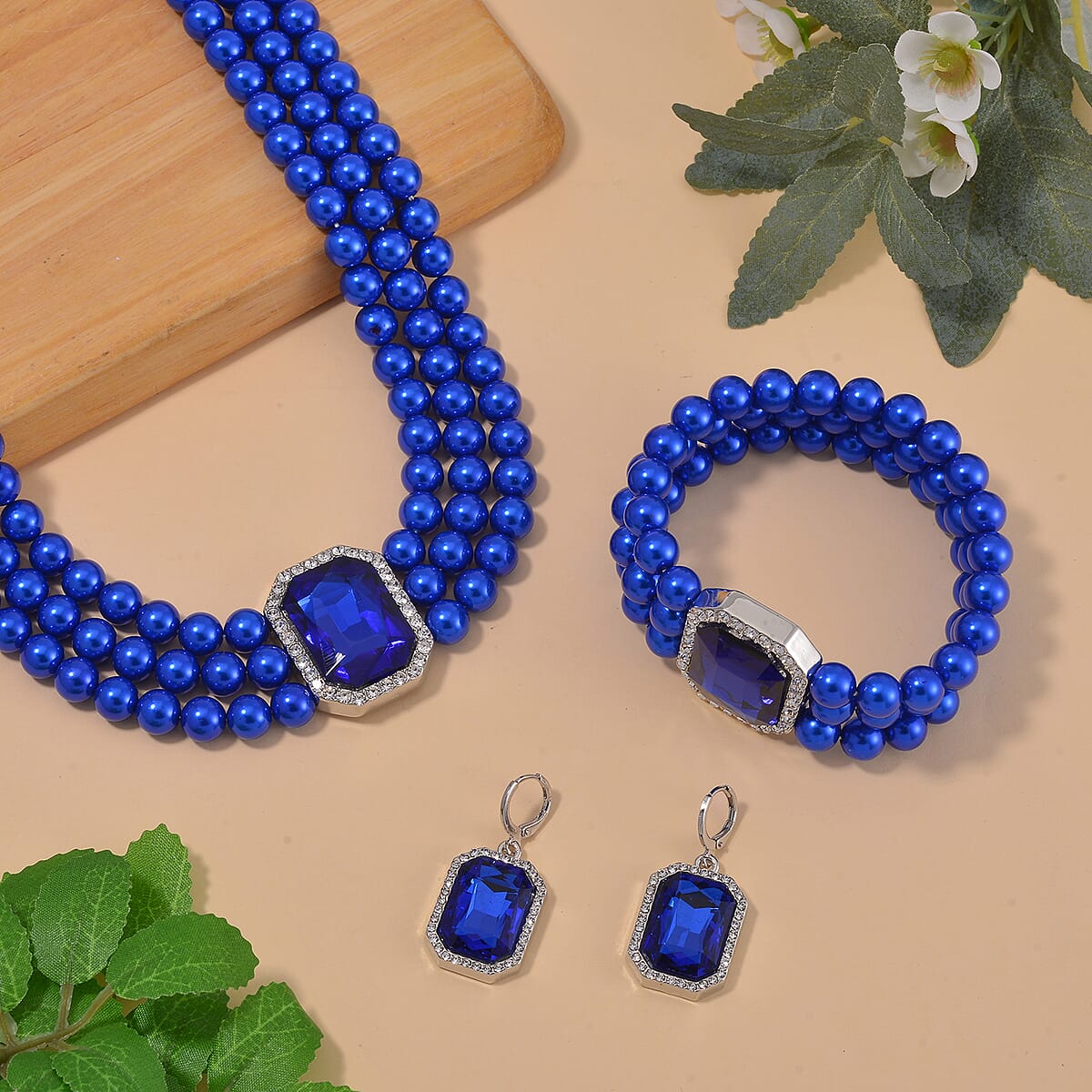 Simulated Blue Sapphire, Austrian Crystal, Simulated Blue Pearl 3 Row Necklace 16-20 Inches, Stretch Bracelet and Earrings in Silvertone image number 1