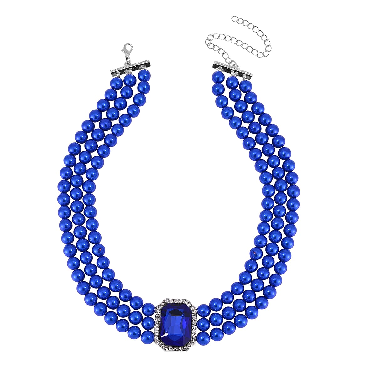 Simulated Blue Sapphire, Austrian Crystal, Simulated Blue Pearl 3 Row Necklace 16-20 Inches, Stretch Bracelet and Earrings in Silvertone image number 2