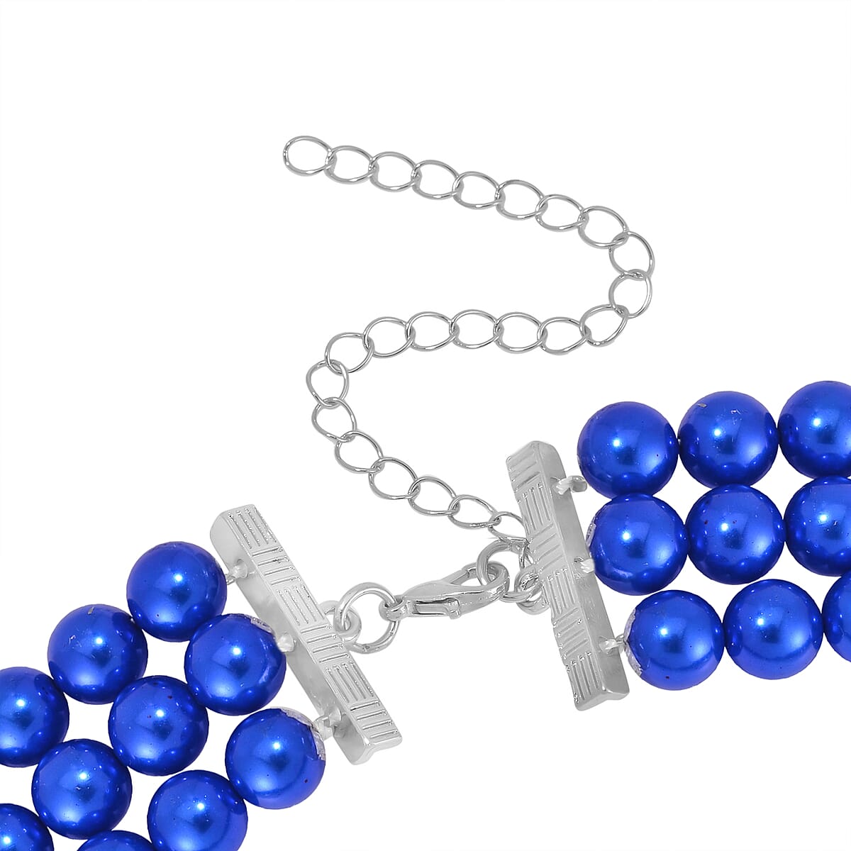 Simulated Blue Sapphire, Austrian Crystal, Simulated Blue Pearl 3 Row Necklace 16-20 Inches, Stretch Bracelet and Earrings in Silvertone image number 3