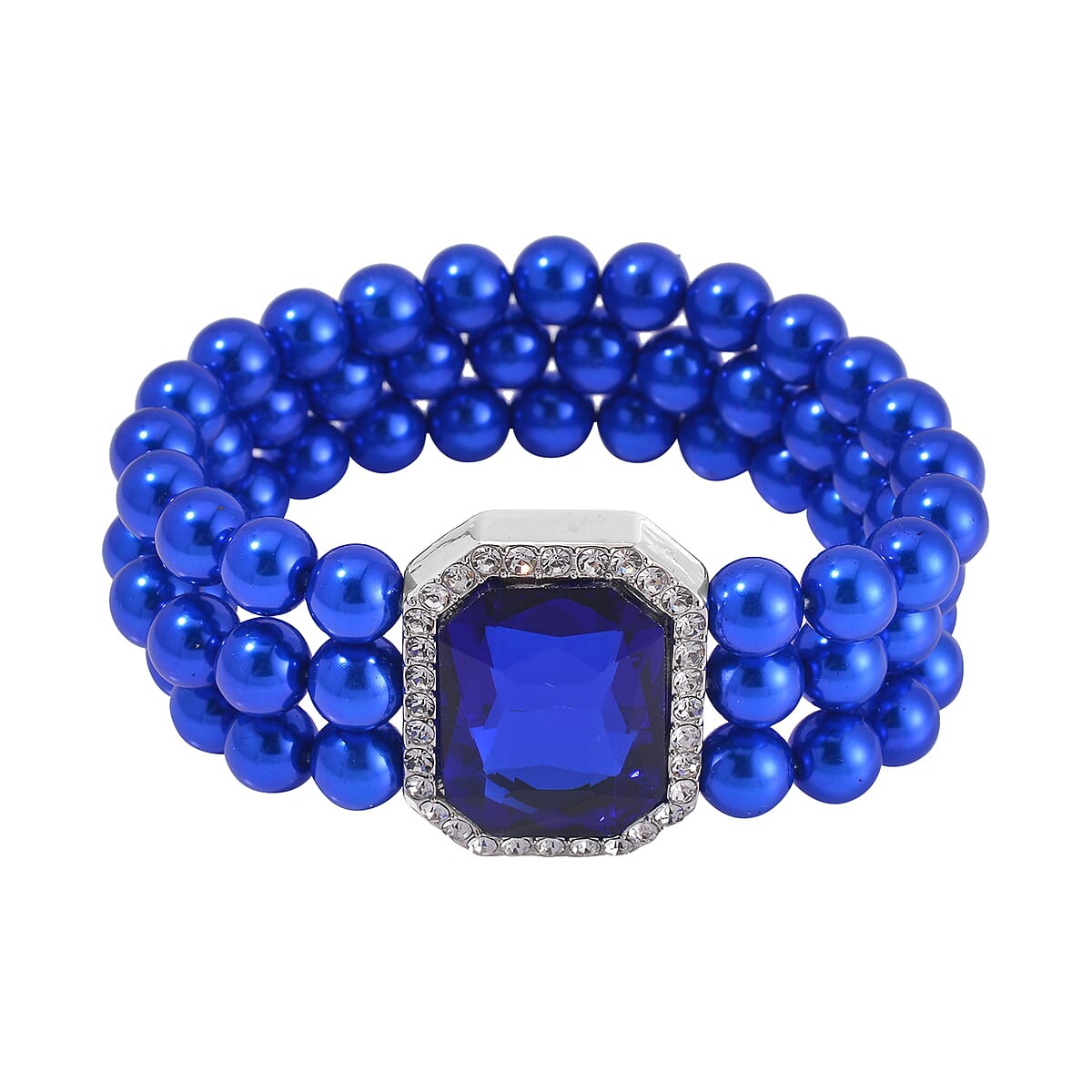 Simulated Blue Sapphire, Austrian Crystal, Simulated Blue Pearl 3 Row Necklace 16-20 Inches, Stretch Bracelet and Earrings in Silvertone image number 4