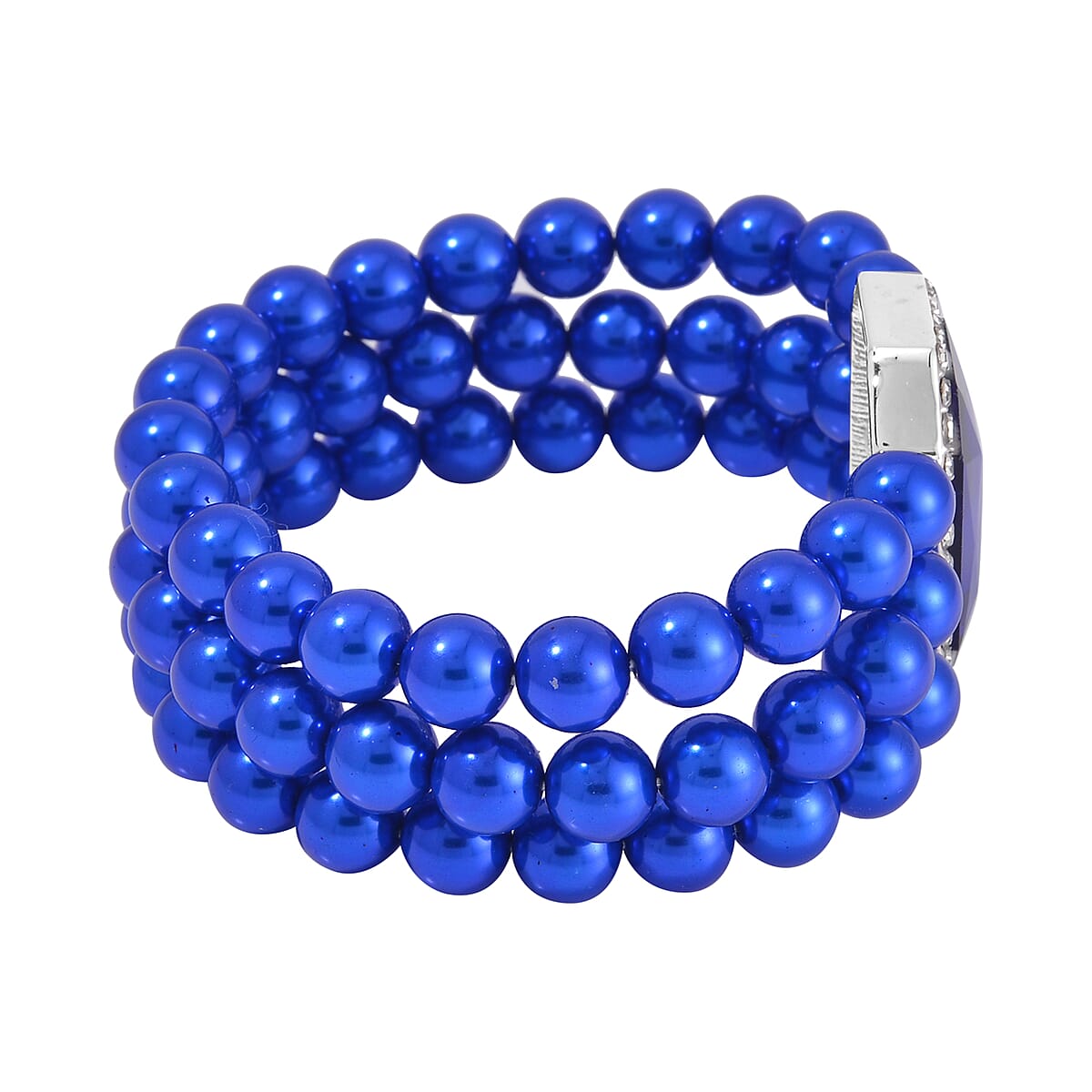 Simulated Blue Sapphire, Austrian Crystal, Simulated Blue Pearl 3 Row Necklace 16-20 Inches, Stretch Bracelet and Earrings in Silvertone image number 5
