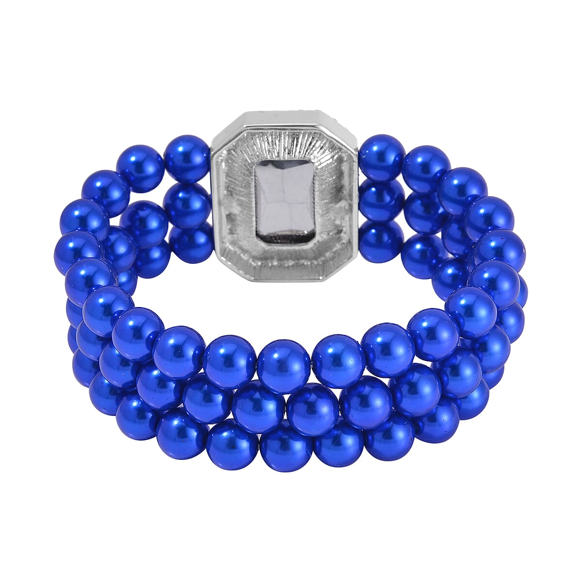 Simulated Blue Sapphire, Austrian Crystal, Simulated Blue Pearl 3 Row Necklace 16-20 Inches, Stretch Bracelet and Earrings in Silvertone image number 6