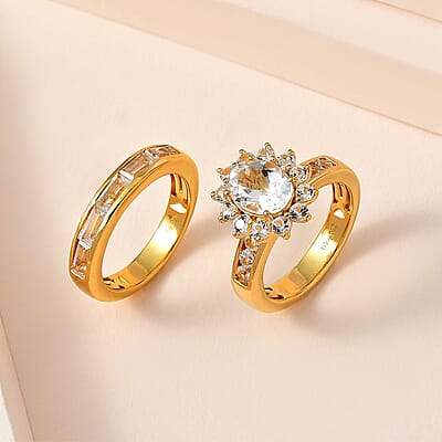 White Topaz Set of 2 Bridal Ring in Vermeil Yellow Gold Over Sterling Silver (Size 5.0) 4.75 ctw