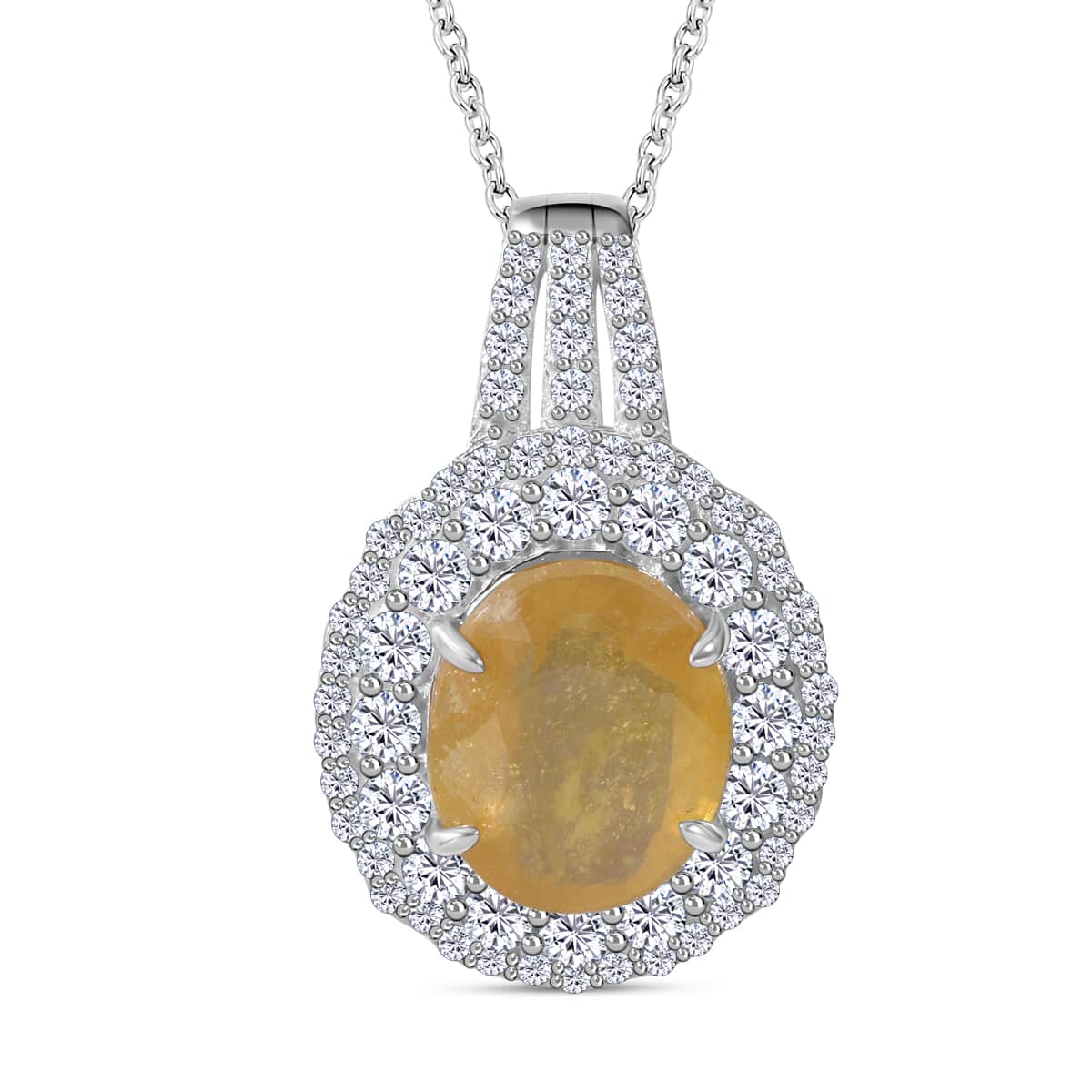 Yellow Sapphire (FF) and White Topaz Double Halo Pendant Necklace 18 Inches in Platinum Over Sterling Silver 9.85 ctw image number 0