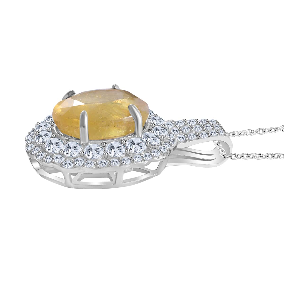 Yellow Sapphire (FF) and White Topaz Double Halo Pendant Necklace 18 Inches in Platinum Over Sterling Silver 9.85 ctw image number 2