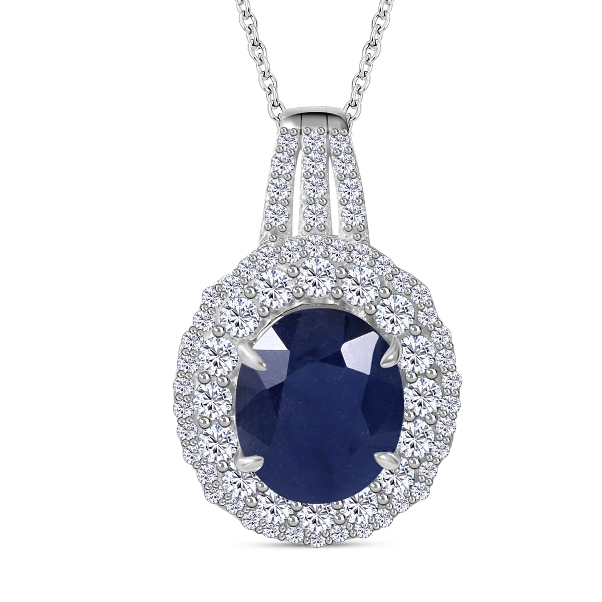 Masoala Sapphire (D) and White Topaz Double Halo Pendant Necklace 18 Inches in Platinum Over Sterling Silver 9.15 ctw image number 0