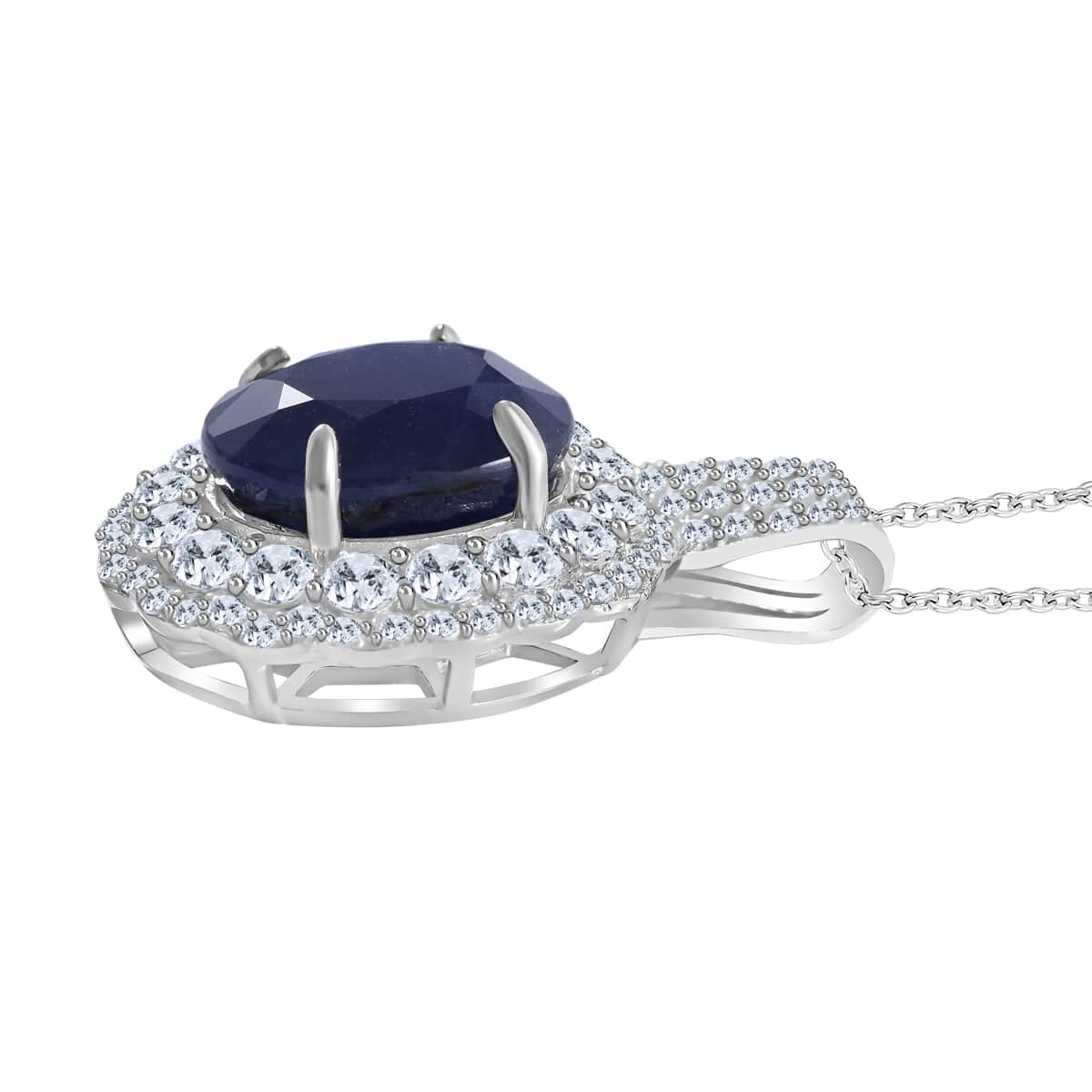 Masoala Sapphire (D) and White Topaz Double Halo Pendant Necklace 18 Inches in Platinum Over Sterling Silver 9.15 ctw image number 2