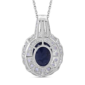 Masoala Sapphire (D) and White Topaz Double Halo Pendant Necklace 18 Inches in Platinum Over Sterling Silver 9.15 ctw