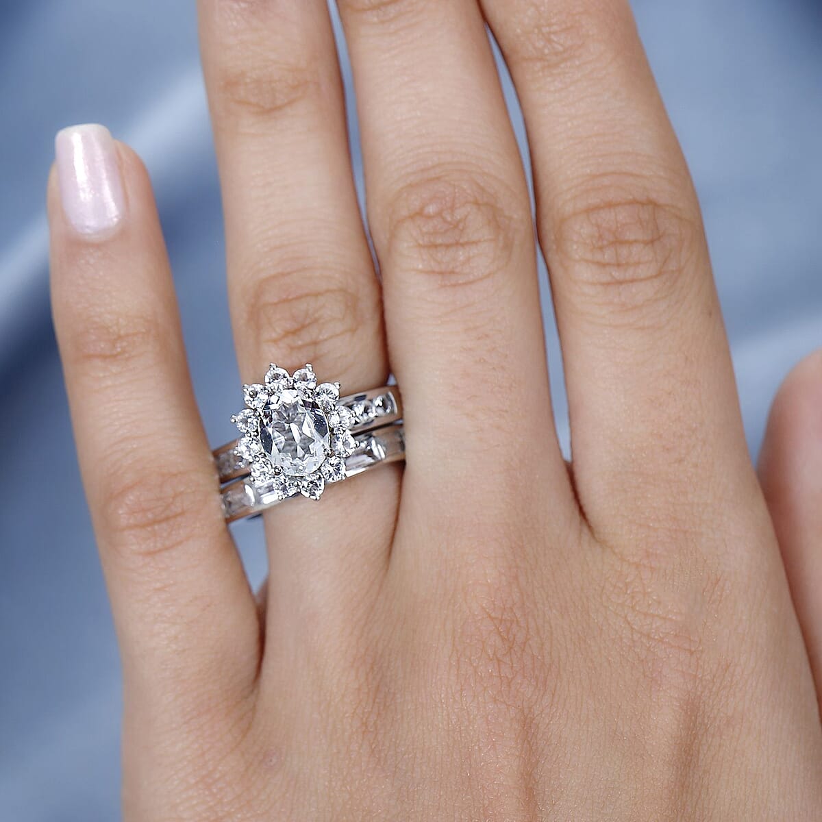 White Topaz Set of 2 Bridal Ring in Platinum Over Sterling Silver (Size 7.0) 4.75 ctw image number 2