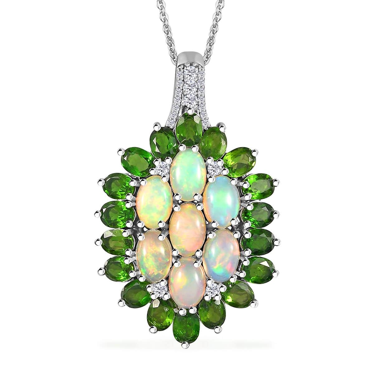 Ethiopian Welo Opal, Multi Gemstone Floral Pendant Necklace (20 Inches) in Platinum Over Sterling Silver image number 0