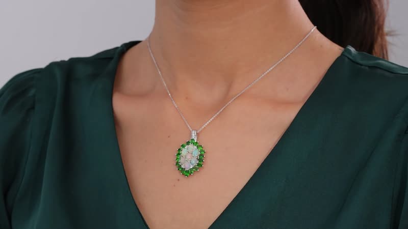 Ethiopian Welo Opal, Multi Gemstone Floral Pendant Necklace (20 Inches) in Platinum Over Sterling Silver