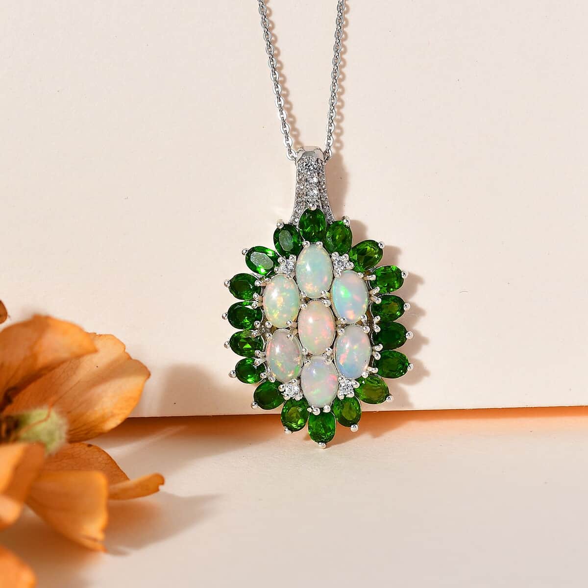Ethiopian Welo Opal, Multi Gemstone Floral Pendant Necklace (20 Inches) in Platinum Over Sterling Silver image number 1