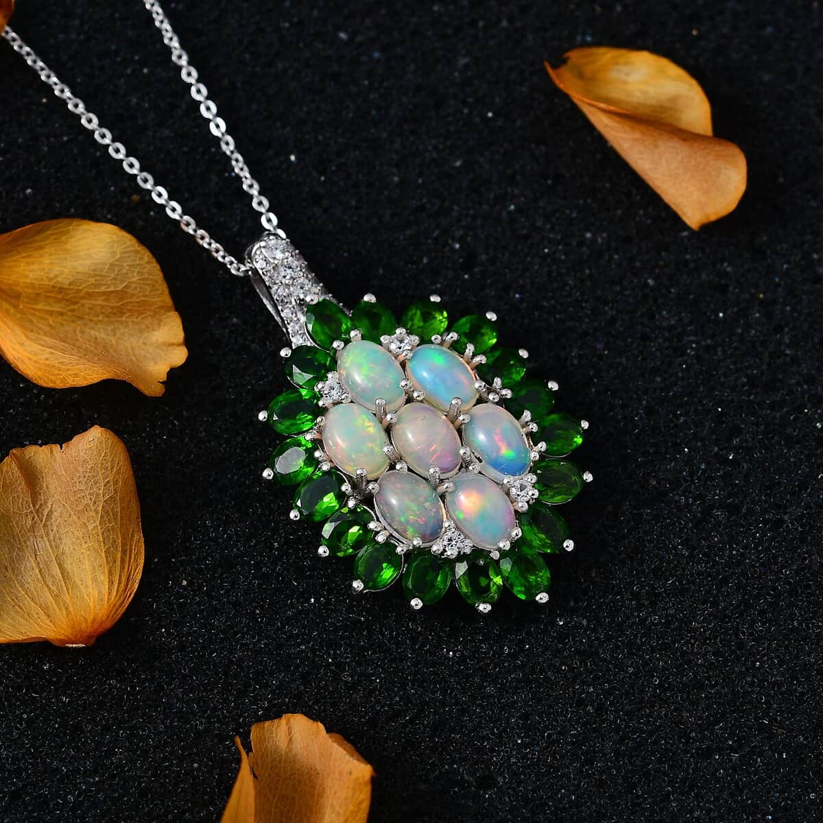 Ethiopian Welo Opal, Multi Gemstone Floral Pendant Necklace (20 Inches) in Platinum Over Sterling Silver image number 2