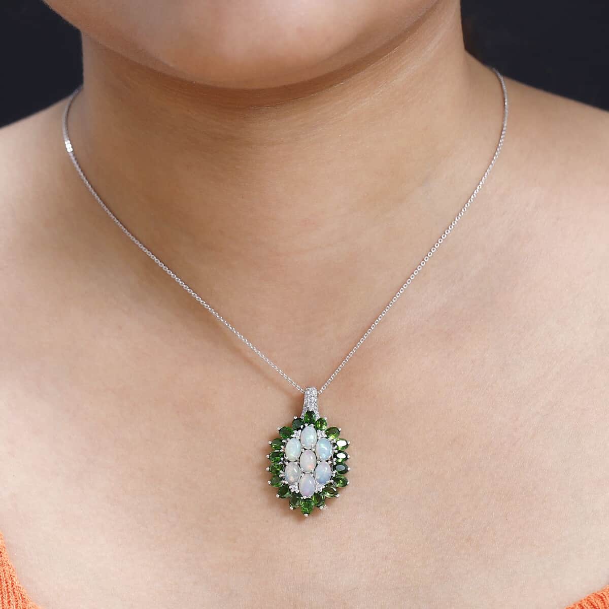 Ethiopian Welo Opal, Multi Gemstone Floral Pendant Necklace (20 Inches) in Platinum Over Sterling Silver image number 3
