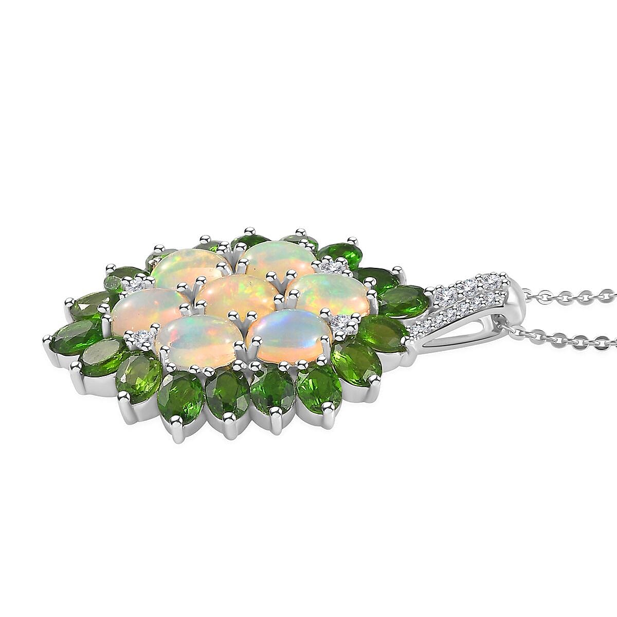 Ethiopian Welo Opal, Multi Gemstone Floral Pendant Necklace (20 Inches) in Platinum Over Sterling Silver