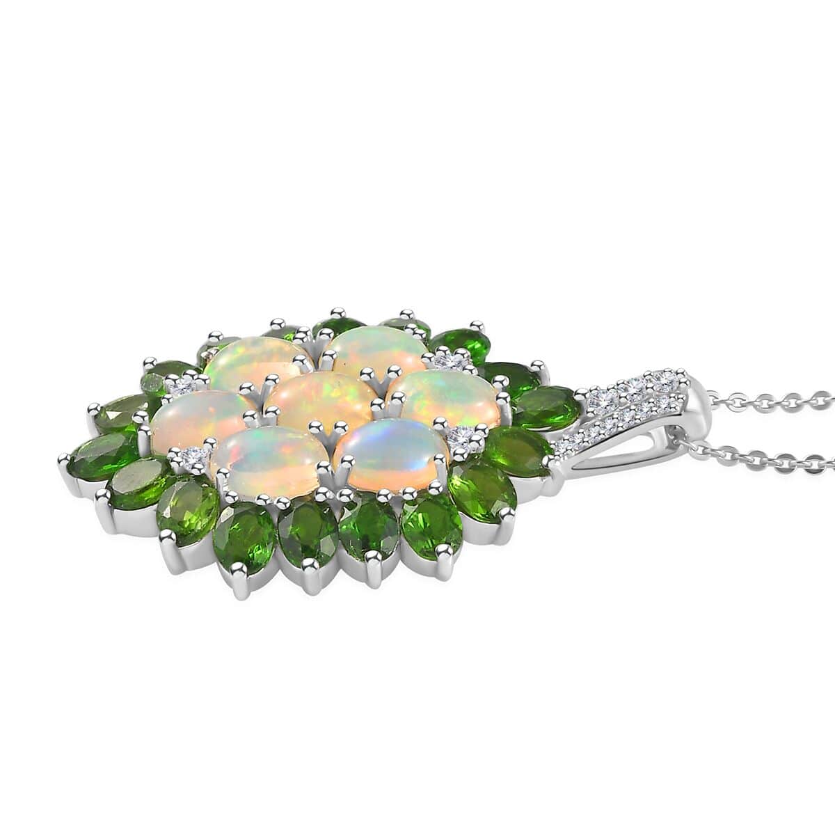 Ethiopian Welo Opal, Multi Gemstone Floral Pendant Necklace (20 Inches) in Platinum Over Sterling Silver image number 4