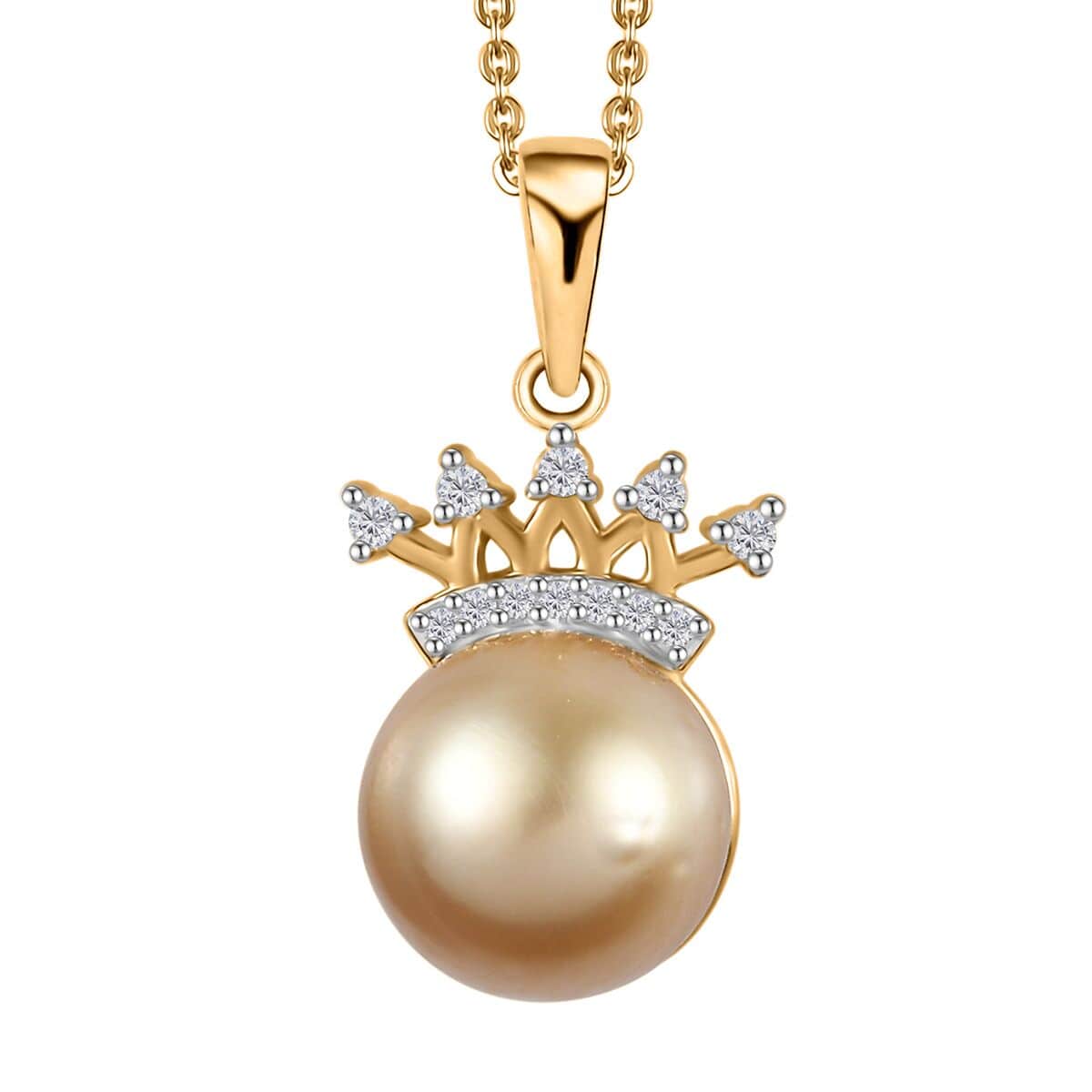 South Sea Golden Pearl and Diamond Crown Pendant Necklace 20 Inches in Vermeil Yellow Gold Over Sterling Silver 0.09 ctw image number 0