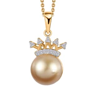 South Sea Golden Pearl and Diamond Crown Pendant Necklace 20 Inches in Vermeil Yellow Gold Over Sterling Silver 0.09 ctw