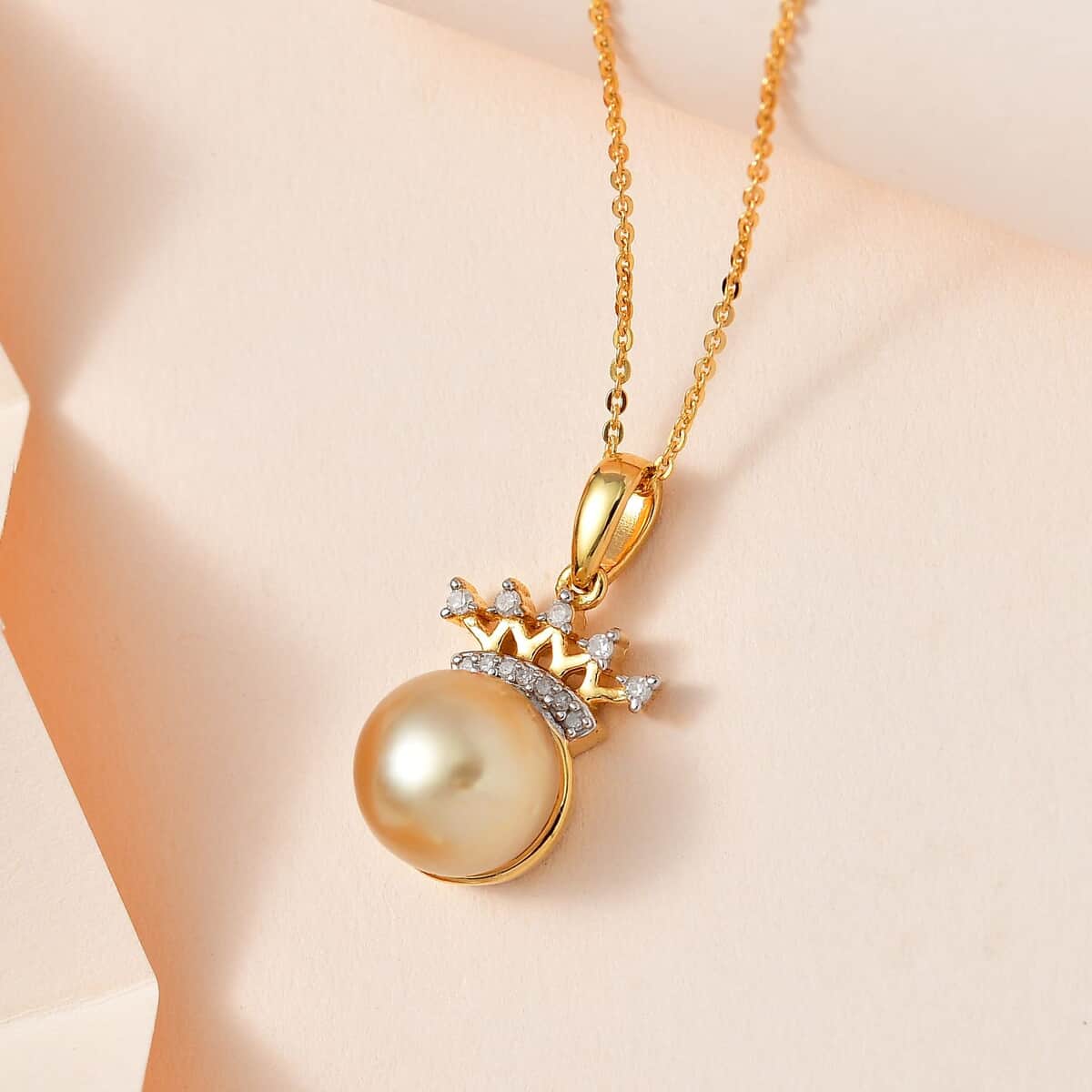 South Sea Golden Pearl and Diamond Crown Pendant Necklace 20 Inches in Vermeil Yellow Gold Over Sterling Silver 0.09 ctw image number 1