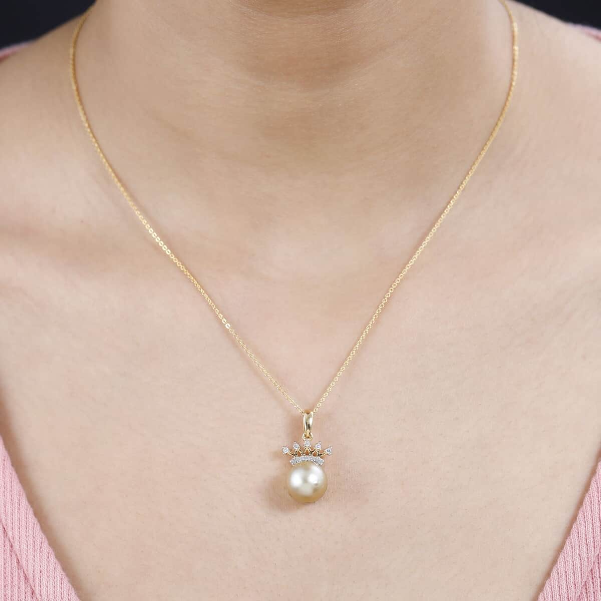 South Sea Golden Pearl and Diamond Crown Pendant Necklace 20 Inches in Vermeil Yellow Gold Over Sterling Silver 0.09 ctw image number 2