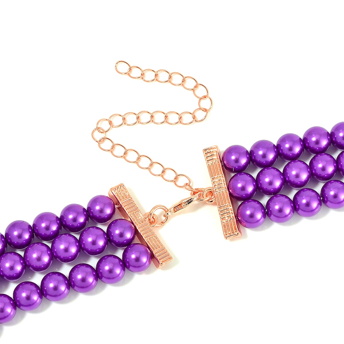 Simulated Purple Amethyst, Austrian Crystal and Simulated Purple Pearl 3 Row Necklace 16-20 Inches Stretch Bracelet and Earrings in Rosetone image number 3