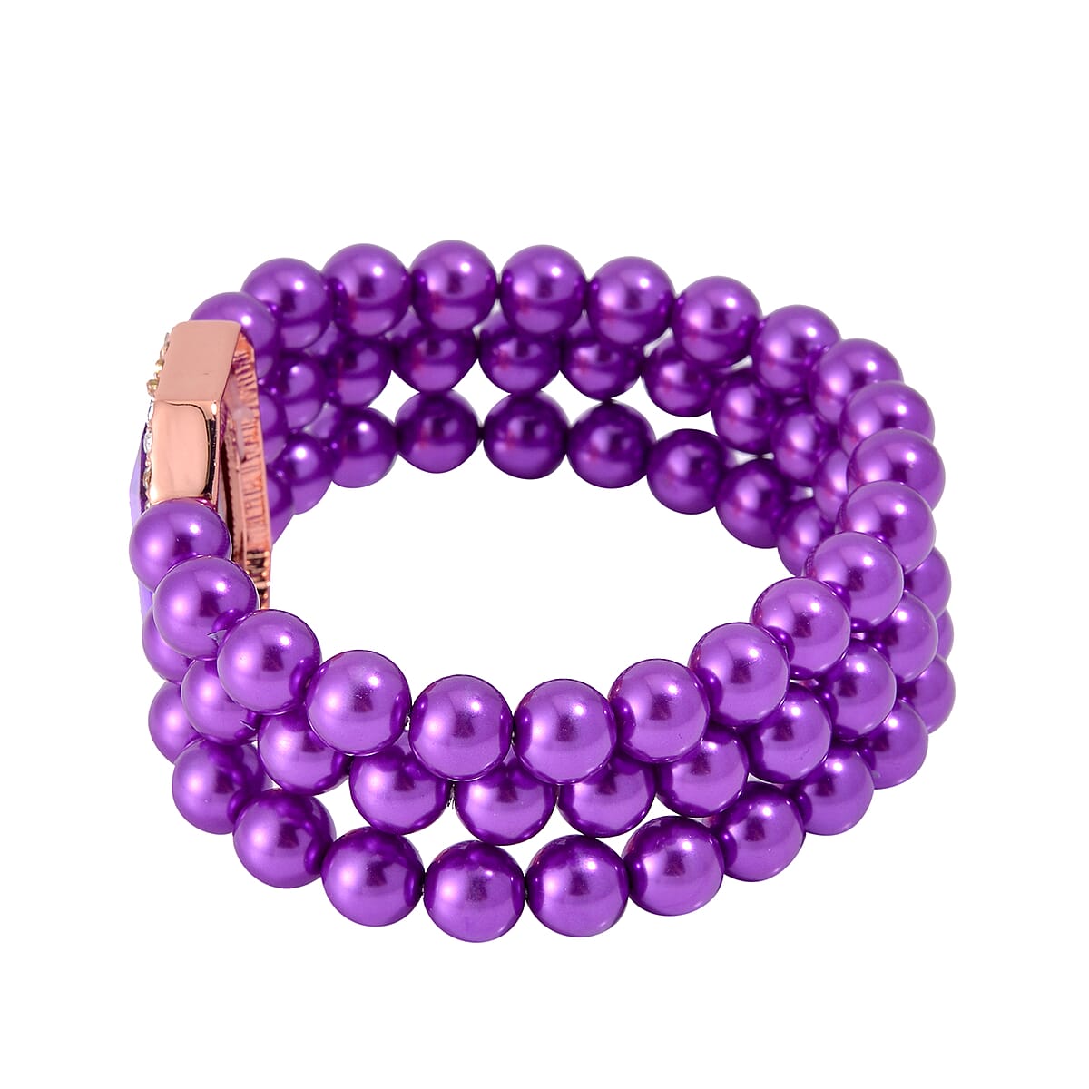 Simulated Purple Amethyst, Austrian Crystal and Simulated Purple Pearl 3 Row Necklace 16-20 Inches Stretch Bracelet and Earrings in Rosetone image number 5