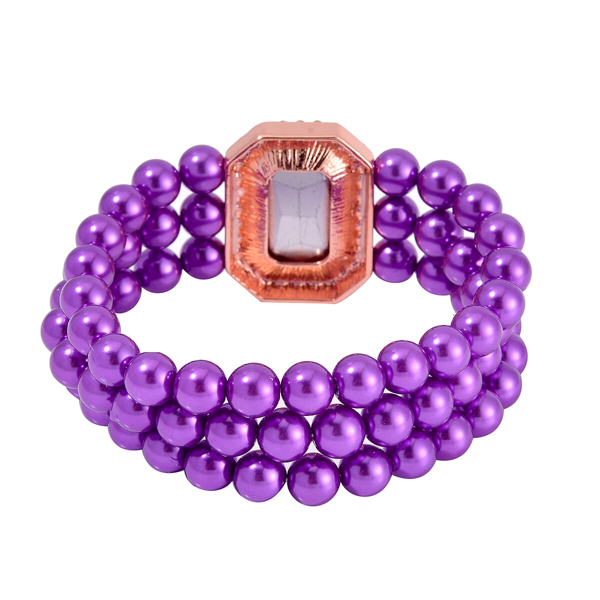 Simulated Purple Amethyst, Austrian Crystal and Simulated Purple Pearl 3 Row Necklace 16-20 Inches Stretch Bracelet and Earrings in Rosetone image number 6