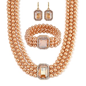 Simulated Champagne Quartz, Austrian Crystal and Simulated Brown Pearl 3 Row Necklace 16-20 Inches, Stretch Bracelet and Earrings in Goldtone