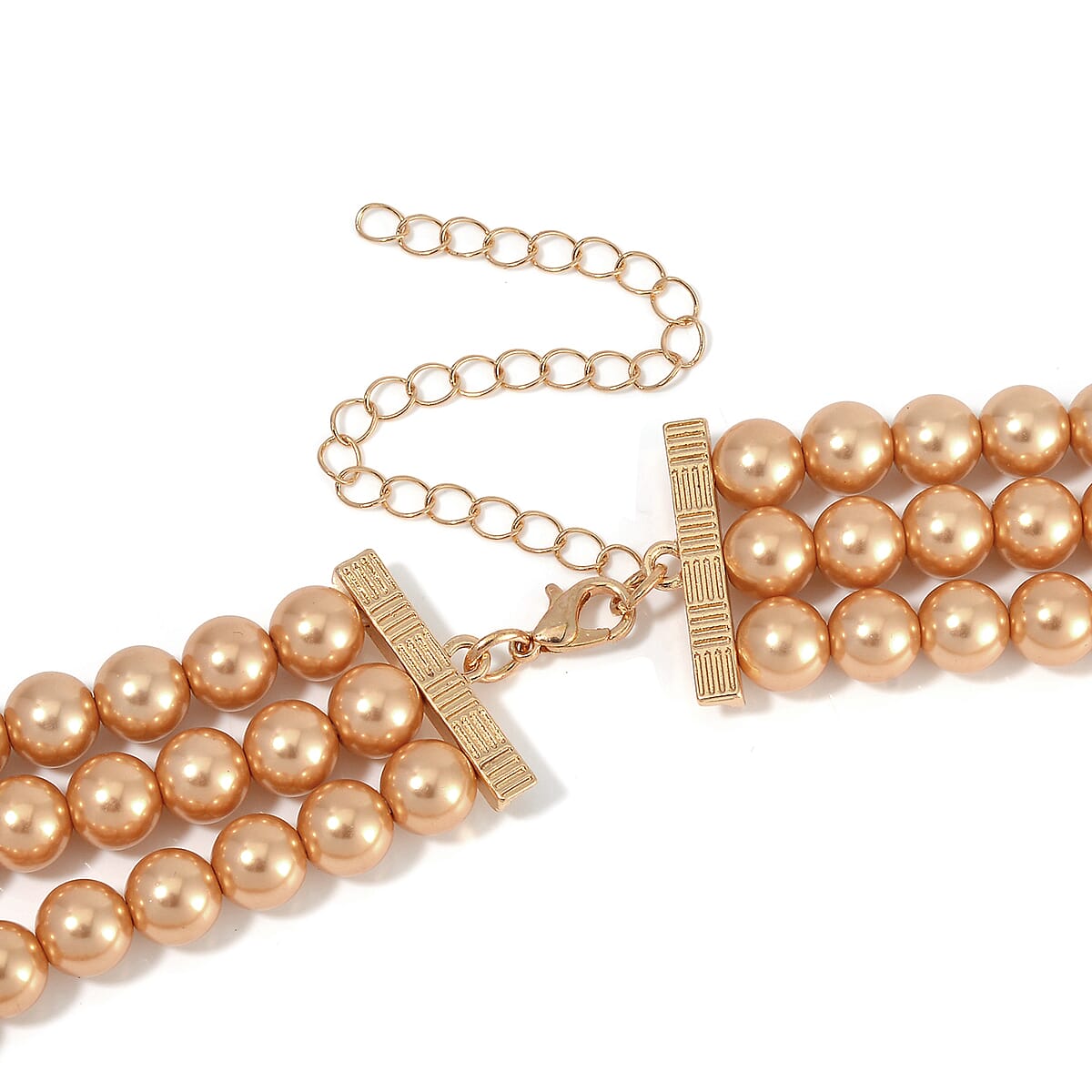 Simulated Champagne Quartz, Austrian Crystal and Simulated Brown Pearl 3 Row Necklace 16-20 Inches, Stretch Bracelet and Earrings in Goldtone image number 2