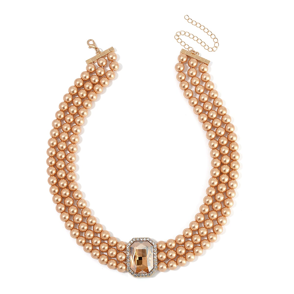 Simulated Champagne Quartz, Austrian Crystal and Simulated Brown Pearl 3 Row Necklace 16-20 Inches, Stretch Bracelet and Earrings in Goldtone image number 3