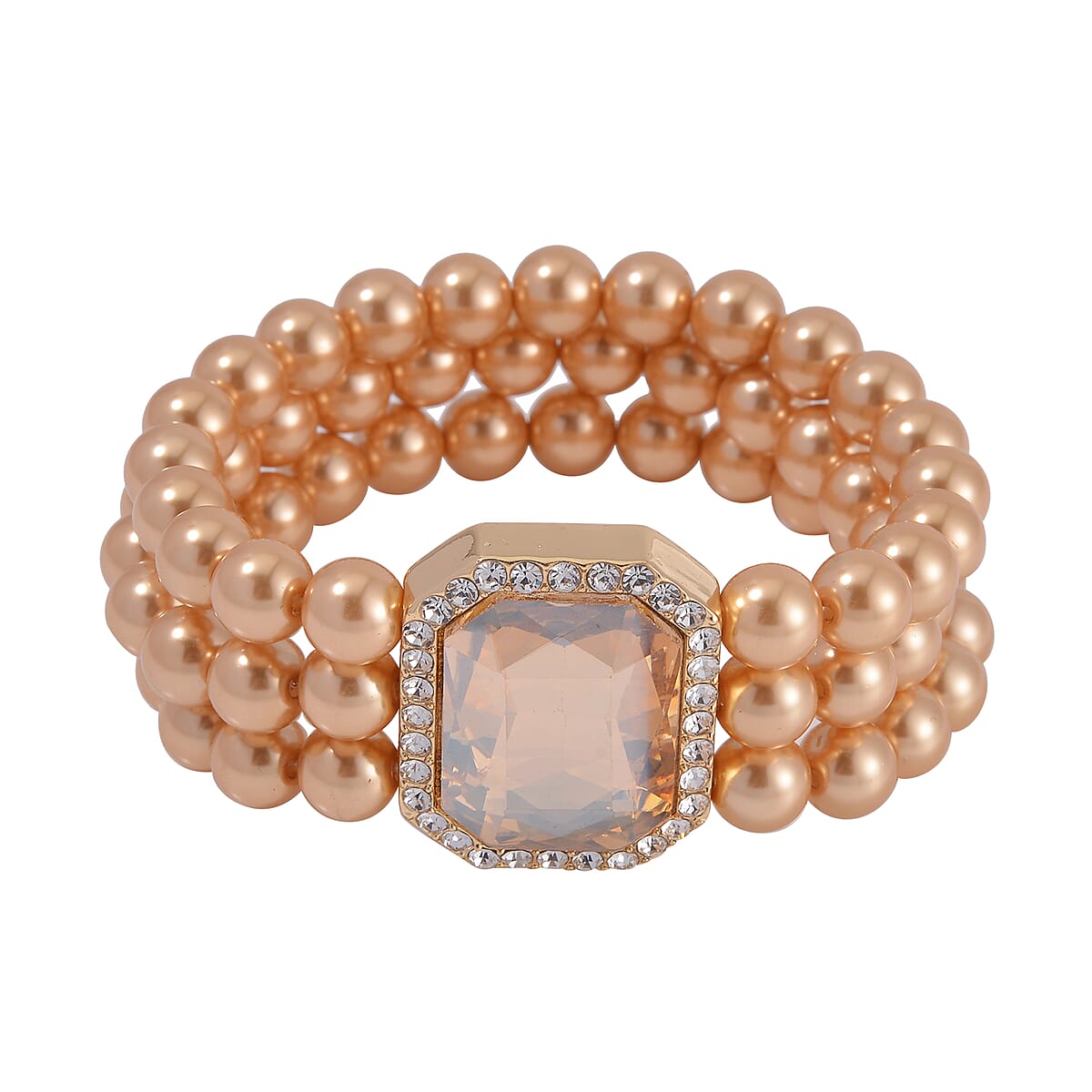 Simulated Champagne Quartz, Austrian Crystal and Simulated Brown Pearl 3 Row Necklace 16-20 Inches, Stretch Bracelet and Earrings in Goldtone image number 4
