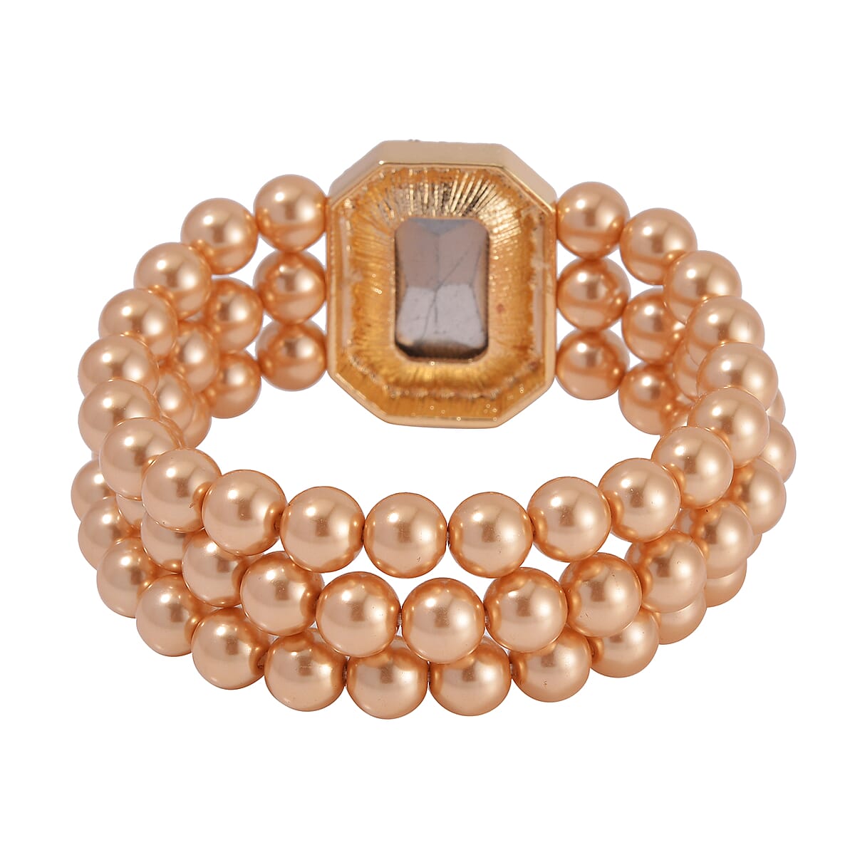 Simulated Champagne Quartz, Austrian Crystal and Simulated Brown Pearl 3 Row Necklace 16-20 Inches, Stretch Bracelet and Earrings in Goldtone image number 6