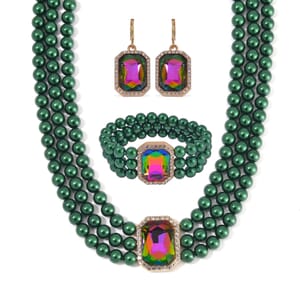 Simulated Mystic Green Quartz, Austrian Crystal, Simulated Green Pearl 3 Row Necklace 16-20 Inches, Stretch Bracelet and Earrings in Goldtone
