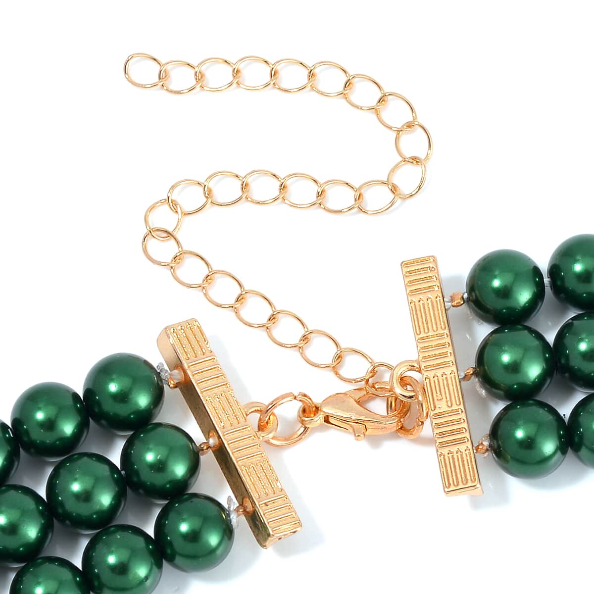 Simulated Mystic Green Quartz, Austrian Crystal, Simulated Green Pearl 3 Row Necklace 16-20 Inches, Stretch Bracelet and Earrings in Goldtone image number 3