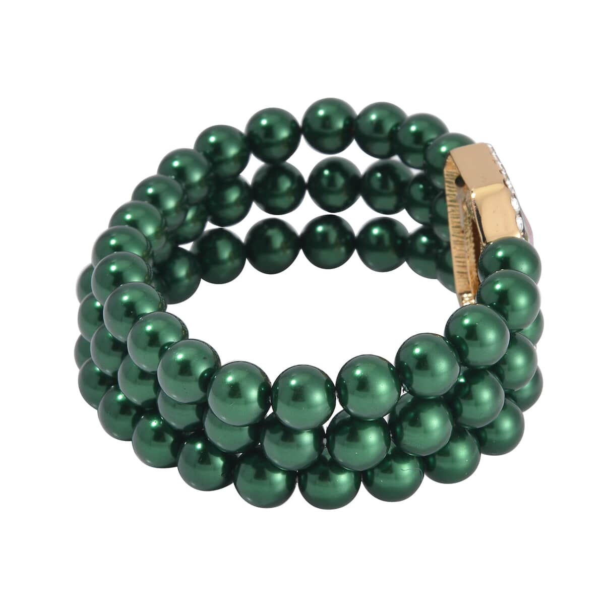 Simulated Mystic Green Quartz, Austrian Crystal, Simulated Green Pearl 3 Row Necklace 16-20 Inches, Stretch Bracelet and Earrings in Goldtone image number 5