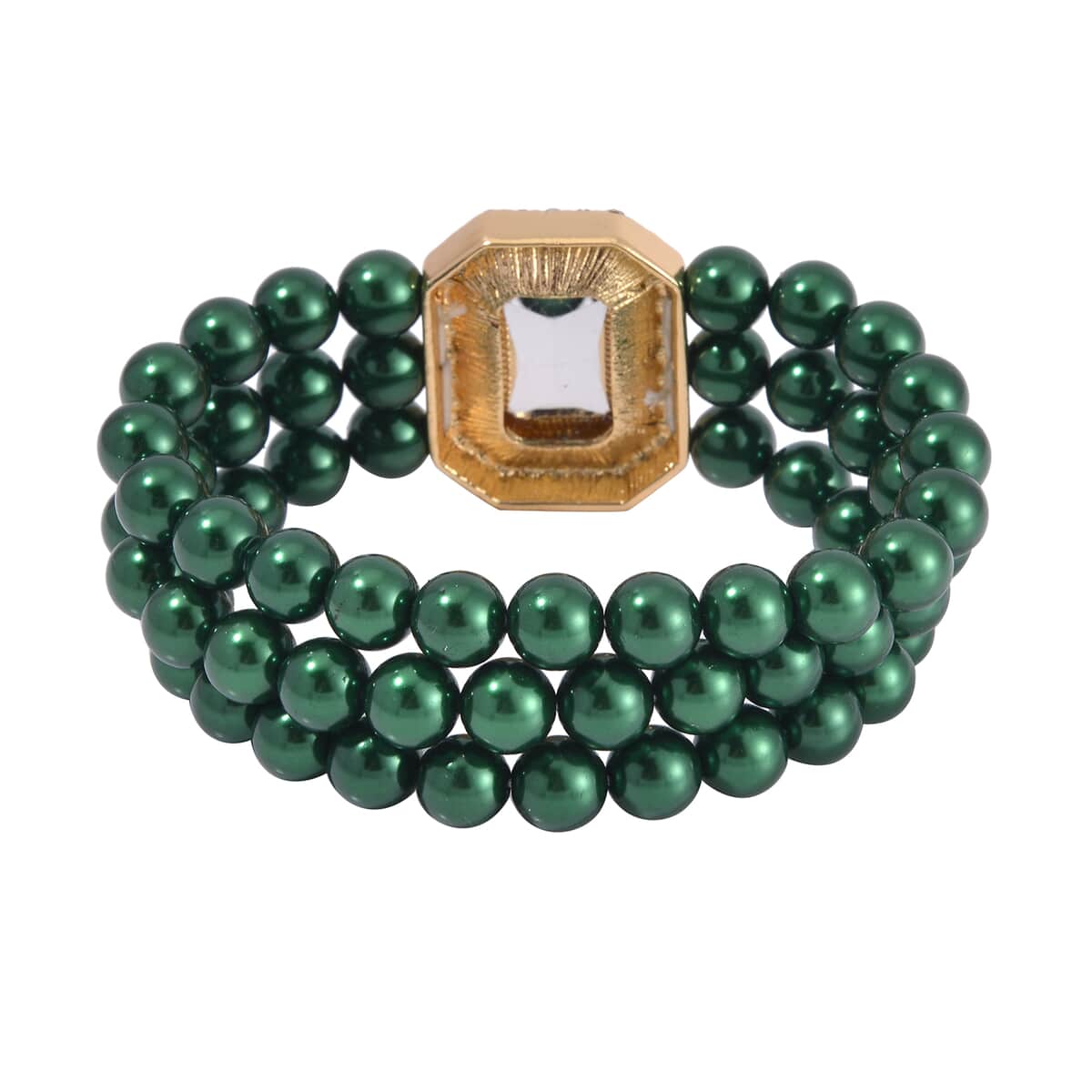 Simulated Mystic Green Quartz, Austrian Crystal, Simulated Green Pearl 3 Row Necklace 16-20 Inches, Stretch Bracelet and Earrings in Goldtone image number 6