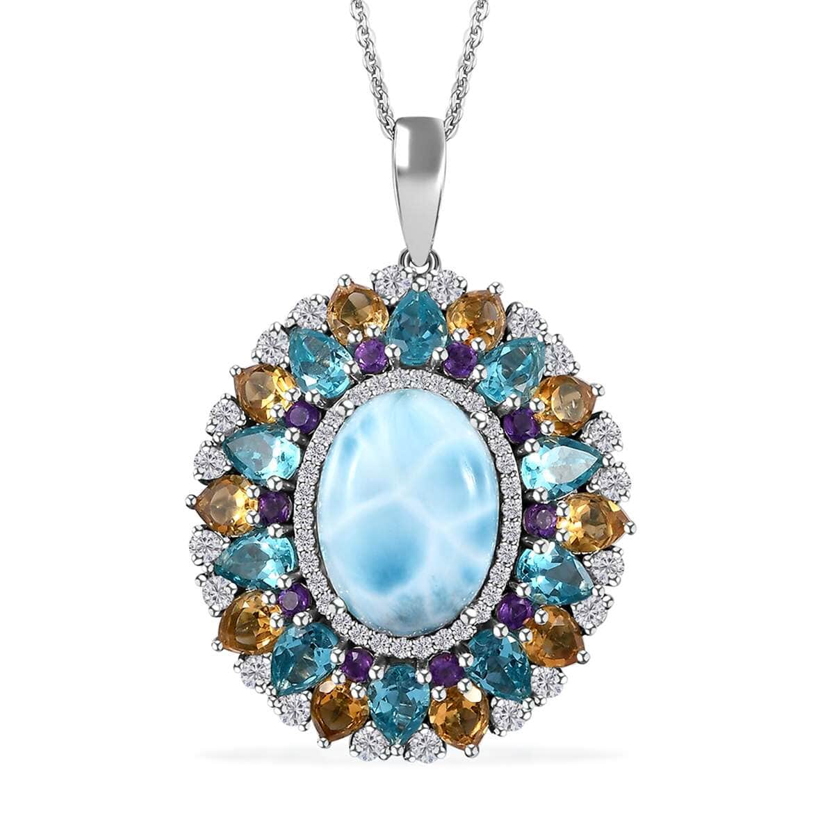 Larimar and Multi Gemstone Cocktail Pendant Necklace 20 Inches in Platinum Over Sterling Silver 19.50 ctw image number 0