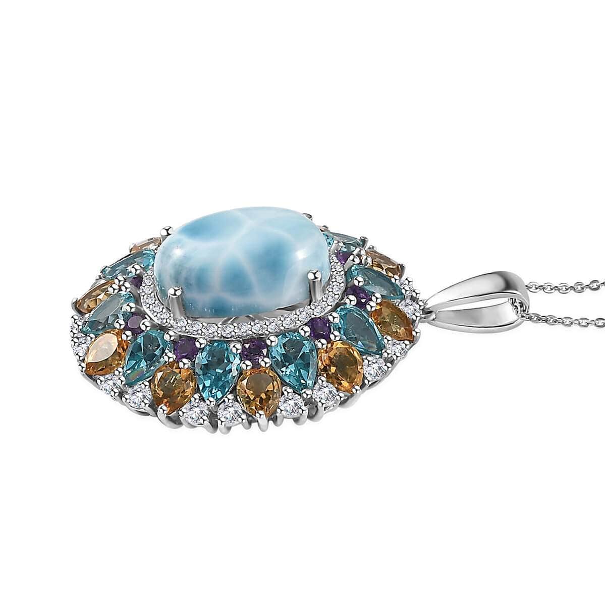 Larimar and Multi Gemstone Cocktail Pendant Necklace 20 Inches in Platinum Over Sterling Silver 19.50 ctw image number 3