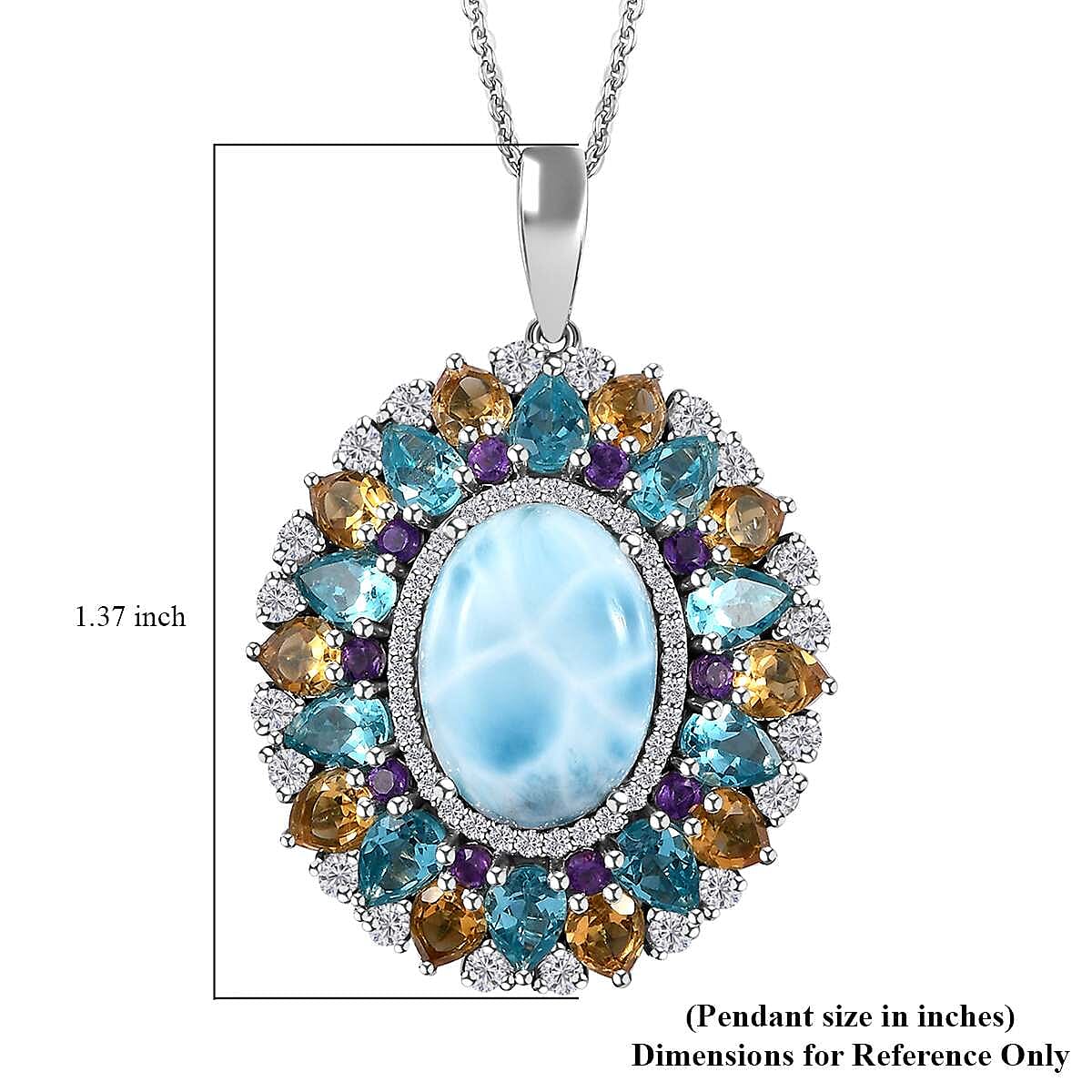Larimar and Multi Gemstone 19.50 ctw Cocktail Pendant Necklace in Platinum Over Sterling Silver 20 Inches