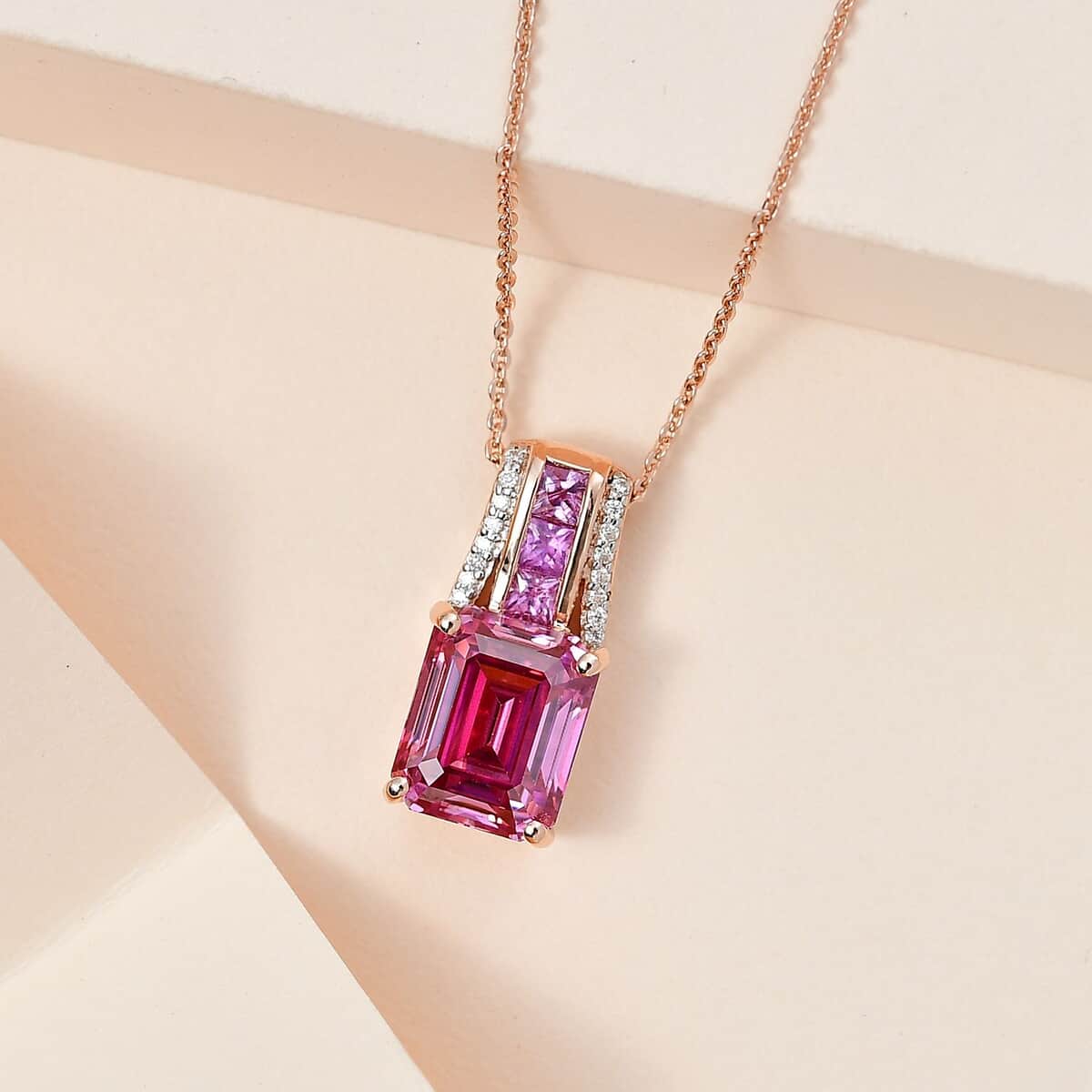 Pink Moissanite and Multi Gemstone Bridge Pendant Necklace 20 Inches in Vermeil Rose Gold Over Sterling Silver 4.30 ctw image number 1