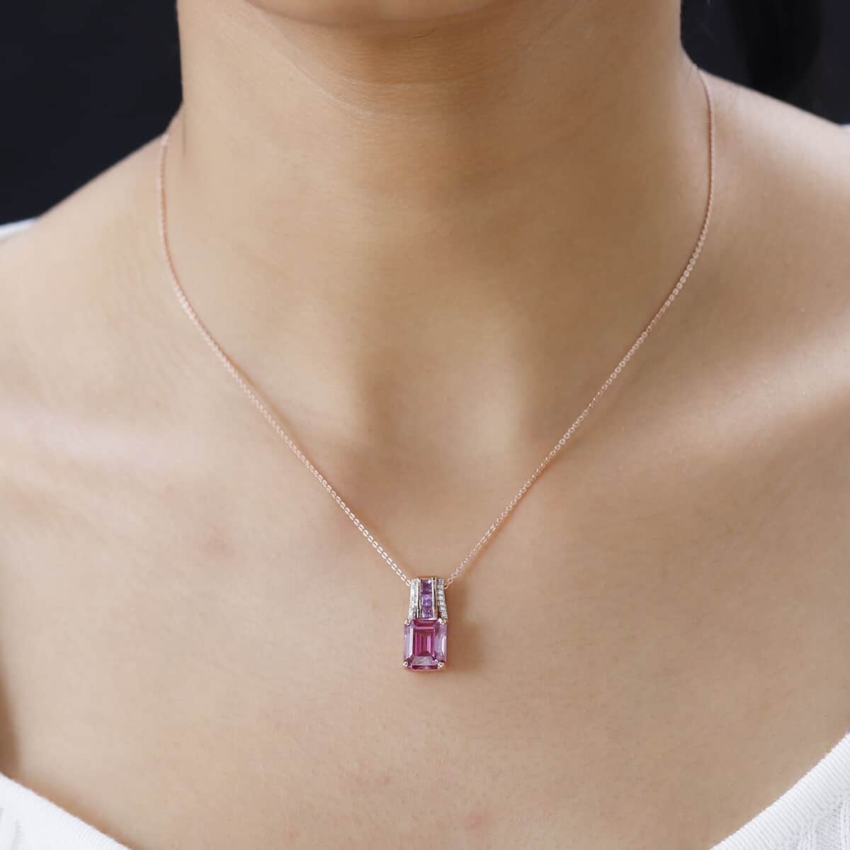 Pink Moissanite and Multi Gemstone Bridge Pendant Necklace 20 Inches in Vermeil Rose Gold Over Sterling Silver 4.30 ctw image number 2