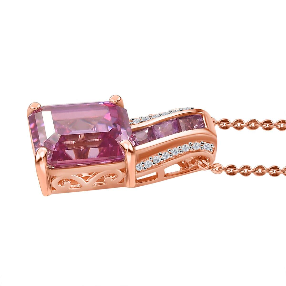 Pink Moissanite and Multi Gemstone Bridge Pendant Necklace 20 Inches in Vermeil Rose Gold Over Sterling Silver 4.30 ctw image number 3