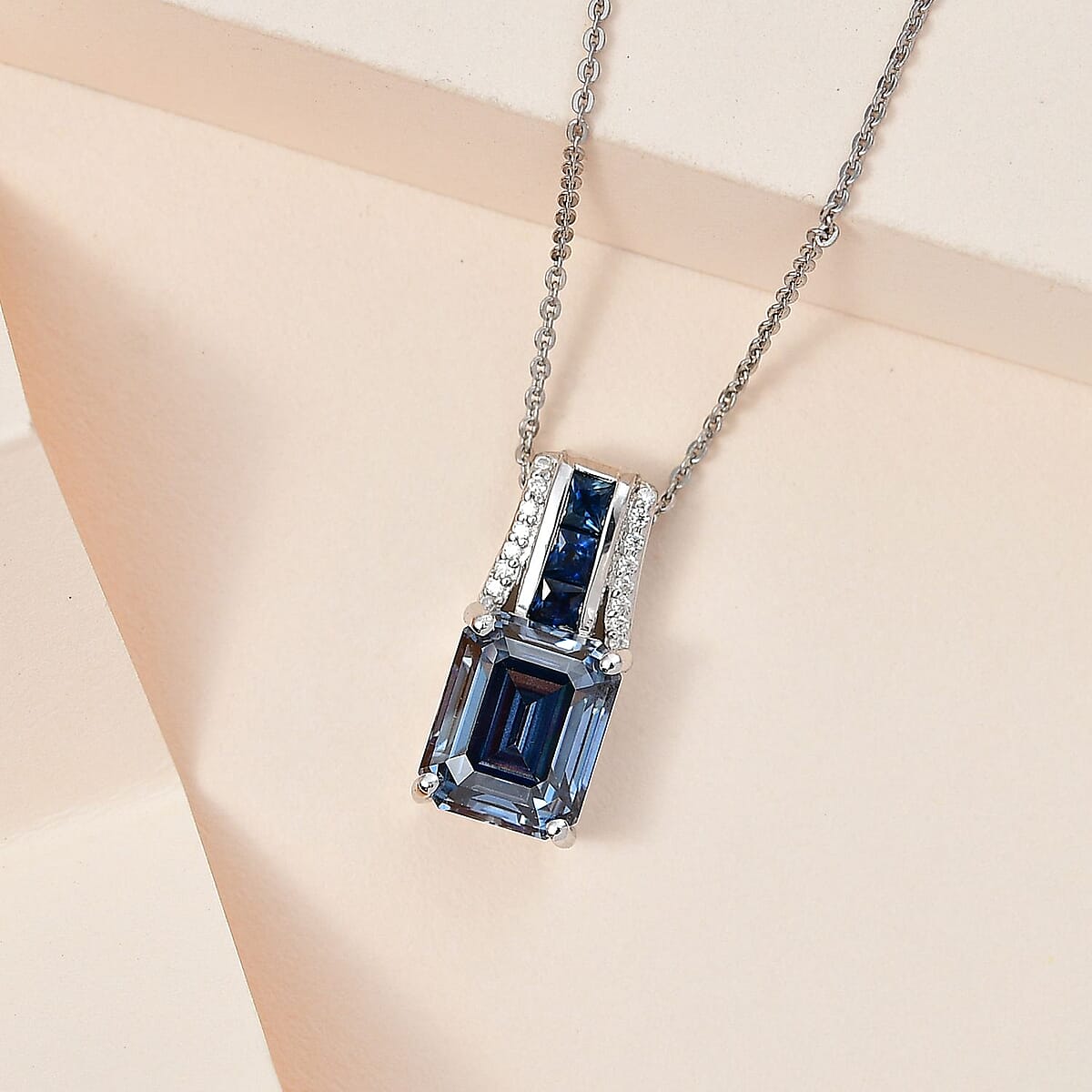 Blue Moissanite and Multi Gemstone Bridge Pendant Necklace 20 Inches in Platinum Over Sterling Silver 4.35 ctw image number 1