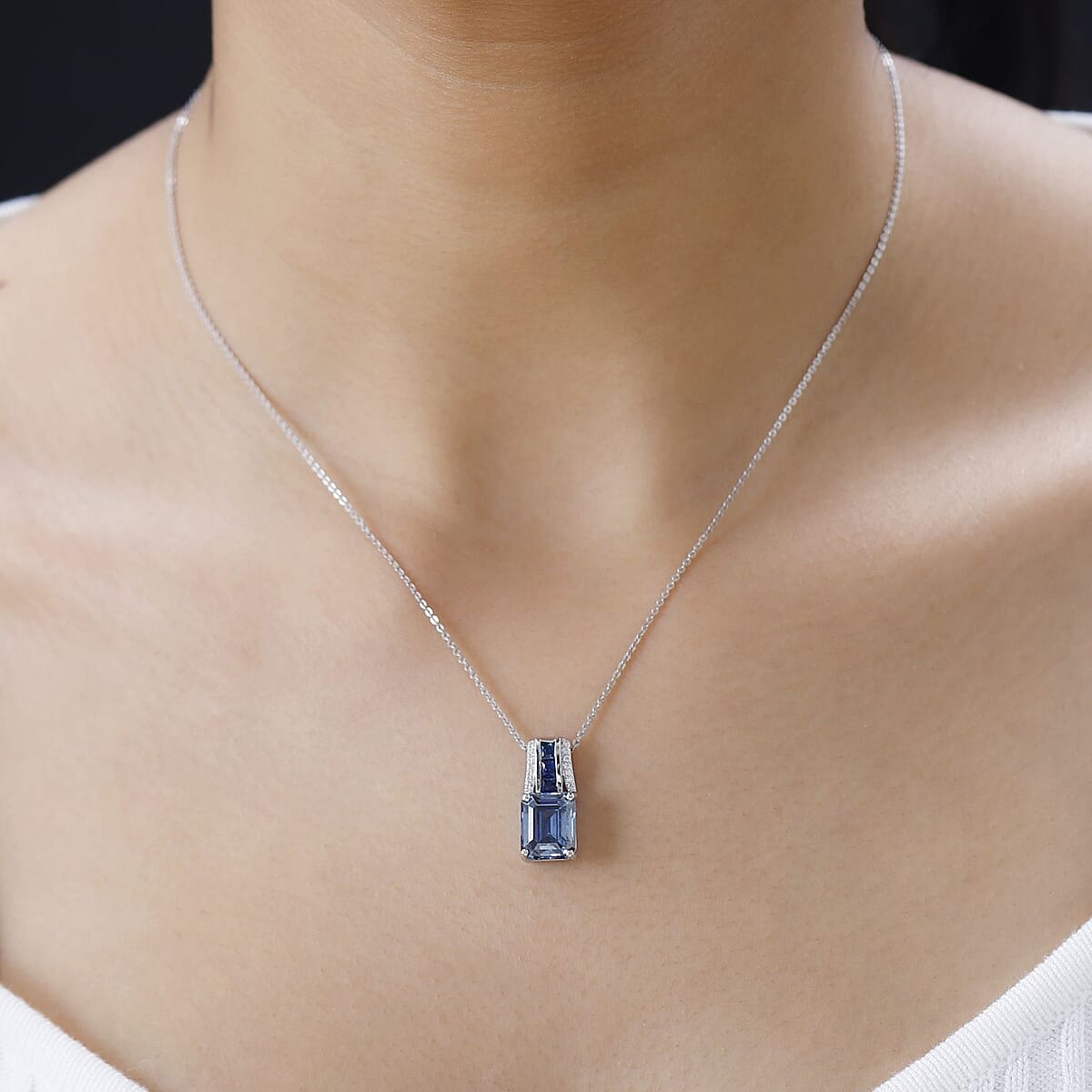 Blue Moissanite and Multi Gemstone Bridge Pendant Necklace 20 Inches in Platinum Over Sterling Silver 4.35 ctw image number 2