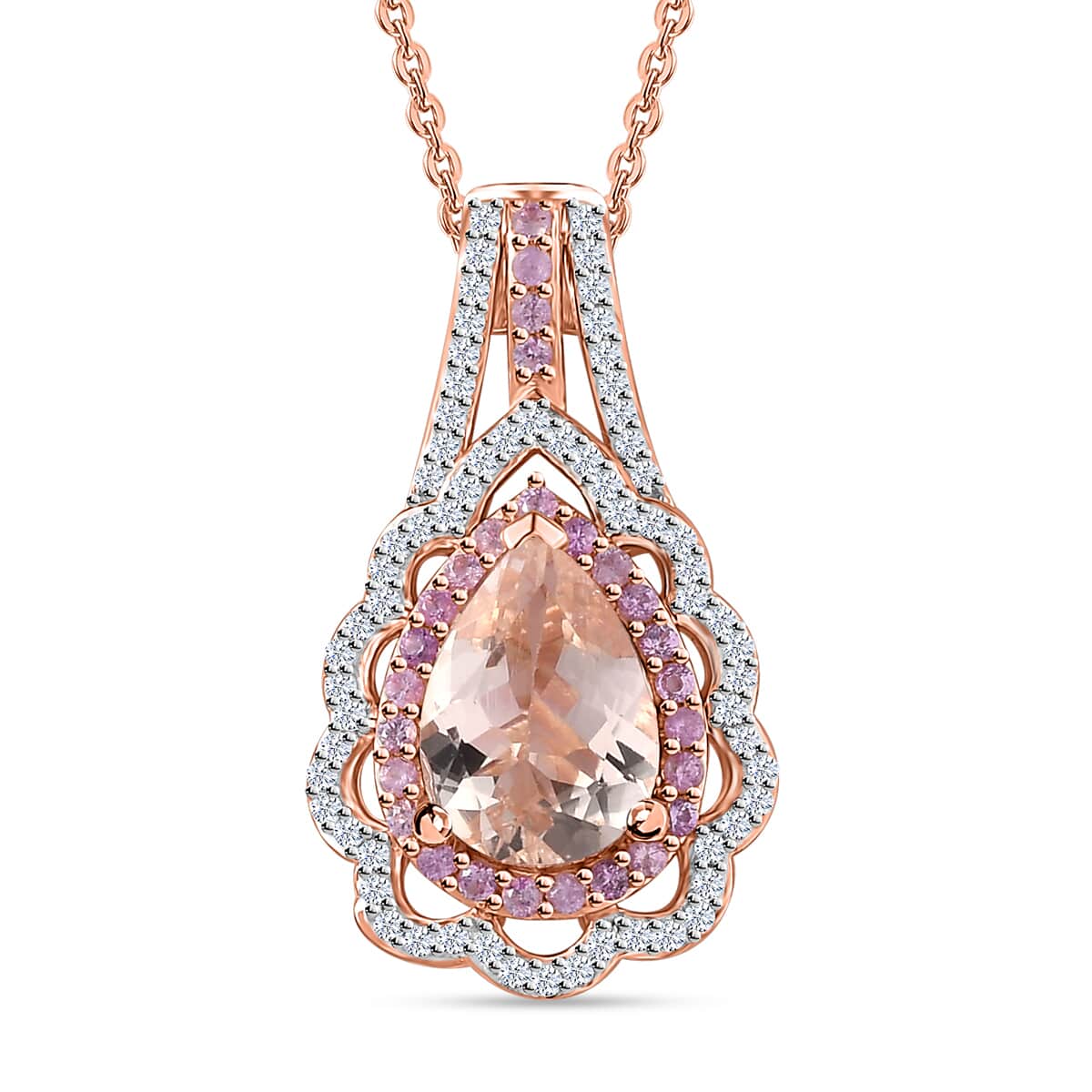 Premium Marropino Morganite and Multi Gemstone Pendant Necklace 20 Inches in Vermeil Rose Gold Over Sterling Silver 2.25 ctw image number 0