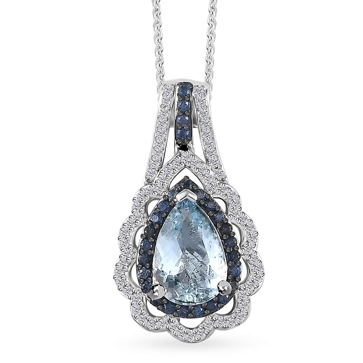 Premium Mangoro Aquamarine and Multi Gemstone Pendant Necklace 20 Inches in Platinum Over Sterling Silver 2.30 ctw image number 0